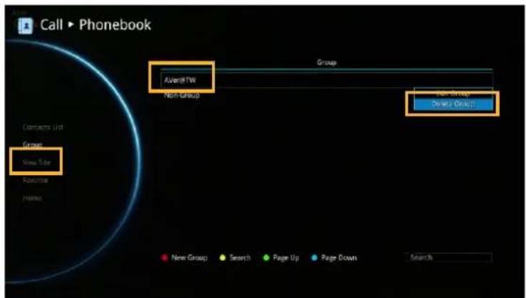 Call ▶ Phonebook Avistar TW Non-Group New Group Delta Group Contacts List Group New Star Search Home Group Search Page Up Page Down Search