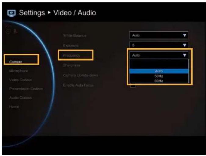 Settings ▶ Video / Audio Camera Microphone Video Codec Presentation Codec Audio Codec Home Wide Balance Exposure Frequency Sharpness Camera Upside-down Enable Auto Focus Auto 5 Auto Auto 50Hz 60Hz