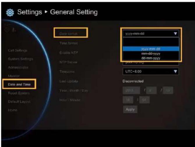 Settings ▶ General Setting Date format yyyy-mm-dd yyyy-mm-dd mm-dd-yyyy dd-mm-yyyy pcd-mp.org UTC+8.00 Disconnected 2015 + - 10 - 64 Apply