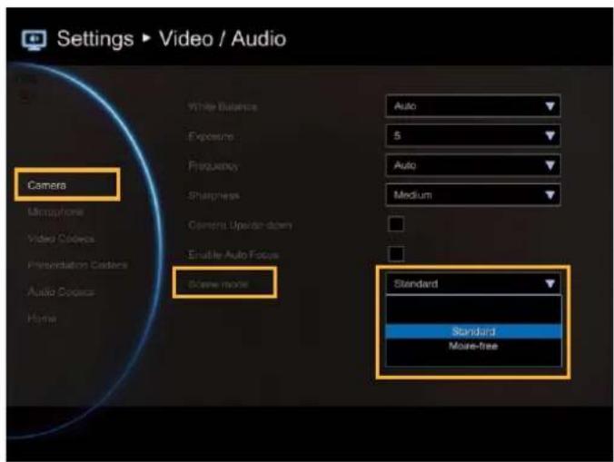 Settings ▶ Video / Audio Camera Microphone Video Colors Presentation Colors Audio Colors Home White Balance Exposure Frequency Sharpness Camera Upside down Enable Auto Focus Screen mode Auto 5 Auto Medium Standard Standard More-free