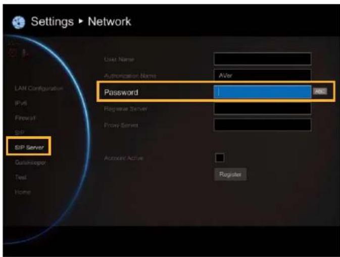 Settings ▶ Network LAN Configuration IPv6 Firewall SIP SIP Server User Name Authentication Name: AVer Password ABS Registrar Server Proxy Server Assistant Active Register