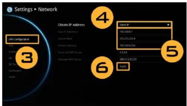 Settings ▶ Network UAR Configuration 3 Obtain IP Address User IP Address in Sentinel Node Pfizer Germany Preferred DMS Server Alternative DMS Server 4 Static IP 192.168.0.1 255.255.255.0 192.168.0.254 8.8.8.8 5 6 Apple