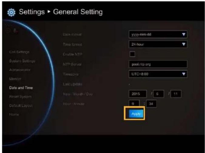 Settings ▶ General Setting Date format yyyy-mm-dd Time format 24-hour Enable NTP pool.ntp.org NTP-Server UTC+8.00 Monitor Last Update 2015 6 11 Reset System 9 34 Default Layout Apply
