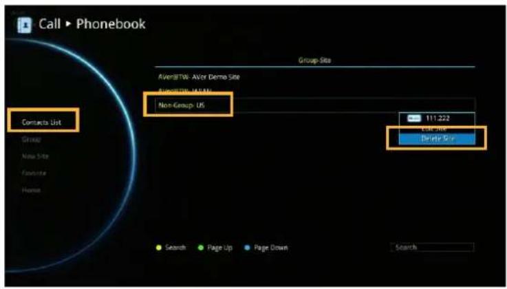 Call ▶ Phonebook Group-Site AversiTWI: AVOr Demo Site AvorsiTWI: AVRAN Non-Group-US 111.222 Call Site Delete Site Search Page Up Page Down Search