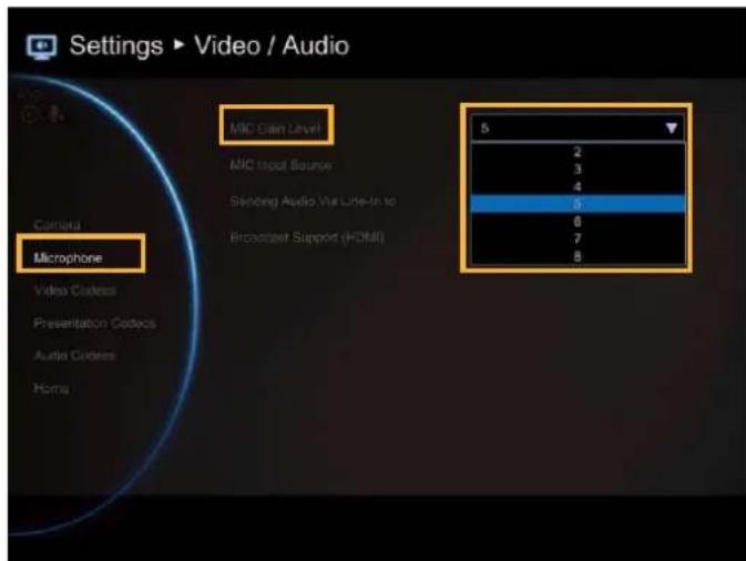 Settings ▶ Video / Audio Camera Microphone MIC Gain Level MIC Input Source Sending Audio Via Line-In to Broadcast Support (HDMI) 5 2 3 4 5 6 7 8 Video Outputs Presentation Codes Audio Outputs Home
