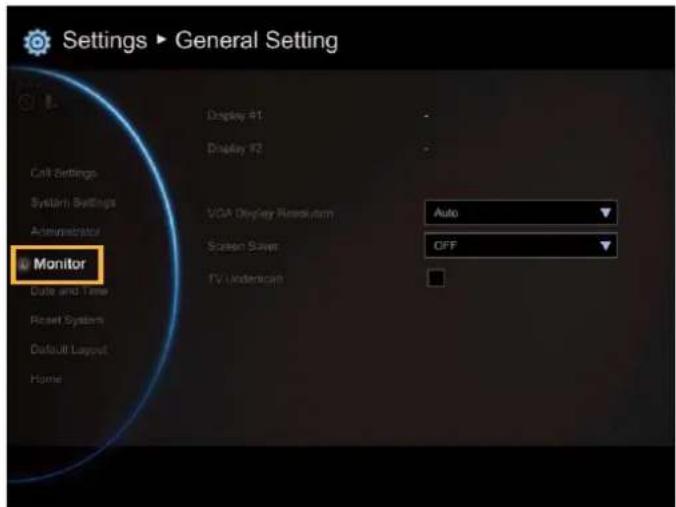 Settings ▶ General Setting Display 41 Display 42 VGA Display Residual Screen Screen TV Underpass Auto OFF Monitor Cable and Time Reset System Default Layout Home