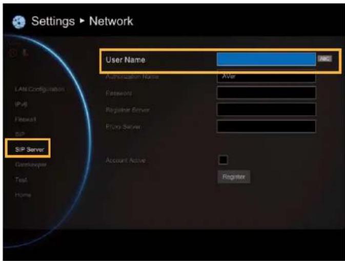 Settings ▶ Network User Name AVer Password Register Server Proxy Server Account Active Register SIP Server