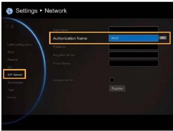 Settings ▶ Network LAN Configuration IPVB Password SIP Server DataHeader Text Home User Name: Authorization Name AVed Password Registrar Server Proxy Server Account Active Register