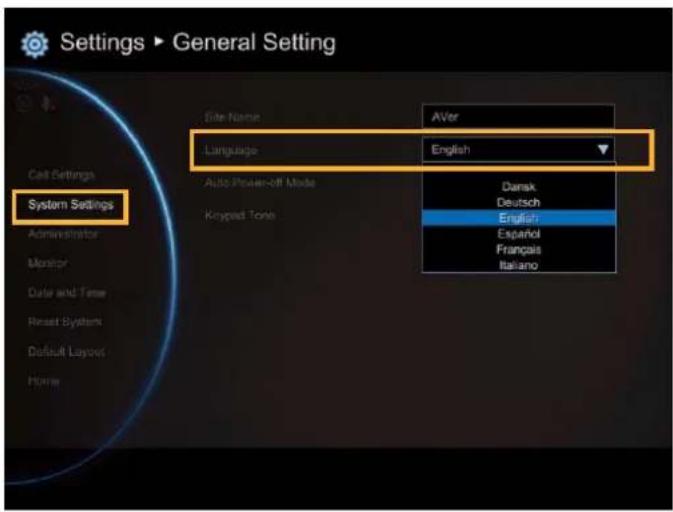Settings ▶ General Setting Site Name AVer Language English Dansk Deutsch English Espanol Français Italiano System Settings Auto Press-on-Off Mode Knopied Tone Administrator Monitor Date and Time Reset System Default Layout Home