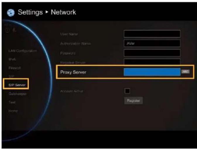 Settings ▶ Network LAN Configuration IPs Firewall SIP SIP Server User Name Authentication Name Password Regulator Server Proxy Server AVer ABS Account Active Register