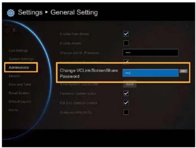 Settings ▶ General Setting Administrator Enable Web Admin Enable Admin Change Admin Password Change VCLink/ScreenShare Password Add: 100% Save Drive System Log to User Password-Update Notice Far End Camera Control Water-on LAN (VCL)