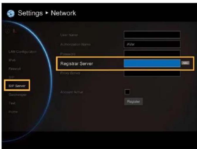 Settings ▶ Network LAN Configurator IPv6 Password SIP SIP Server GASHeveper Text Home User Name Authorization Name AVer Password Registrar Server ABC Proxy Server Account Active Register