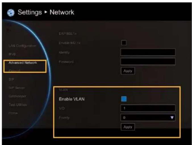 Settings ▶ Network LANI Configuration IPVB Advanced Network PAP 802.1x Enable I802.1x Identity Password Apply SIP SIP Server Gatoringer Text Utilities Home VLAN Enable VLAN V/D 1 Poverty 0 Apply