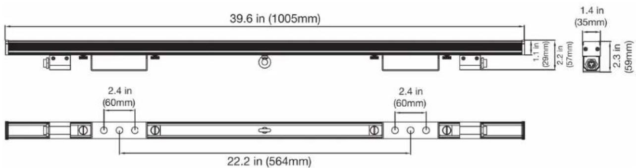 39.6 in (1005mm) 1.4 in (35mm) 2.2 in (57mm) 2.3 in (59mm) 2.4 in (60mm) 2.4 in (60mm) 22.2 in (564mm)