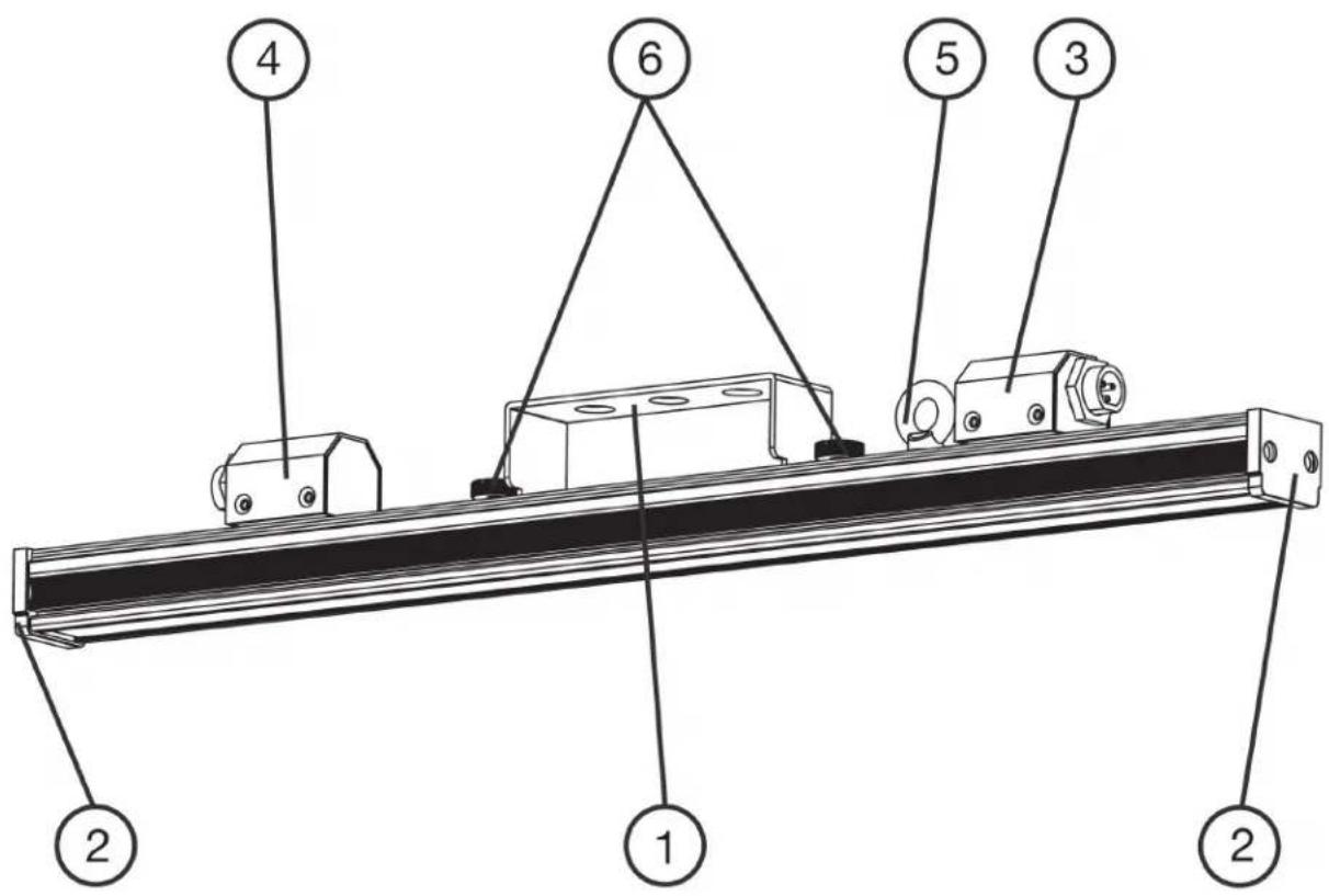 Technical diagram of a mechanical assembly with numbered components labeled 1 through 6