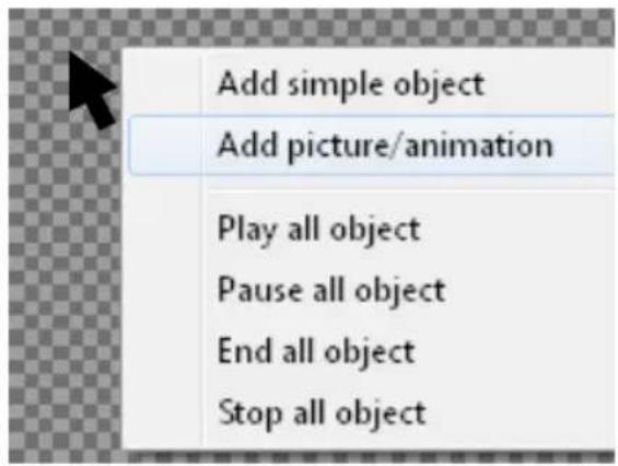 Add simple object Add picture/animation Play all object Pause all object End all object Stop all object