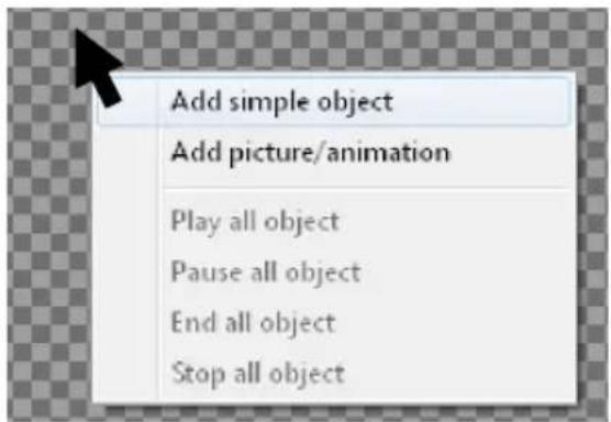 Add simple object Add picture/animation Play all object Pause all object End all object Stop all object