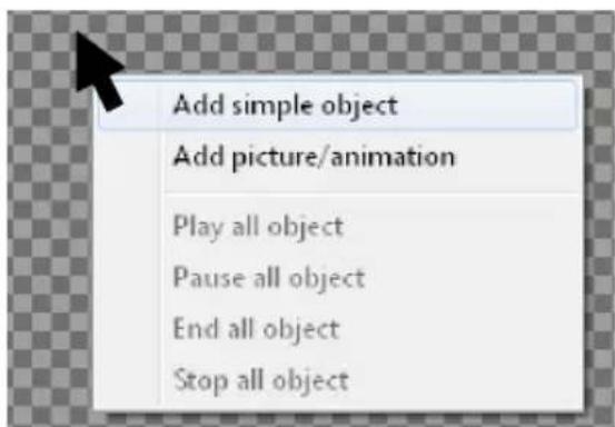 Add simple object Add picture/animation Play all object Pause all object End all object Stop all object