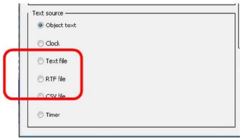 Text source Object text Clock Text file RTF file CSV file Timer