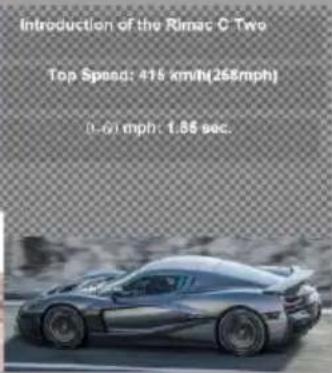 Introduction of the Rimac C Two Top Speed: 415 km/h(268mph) 0-60 mph: 1.85 sec.