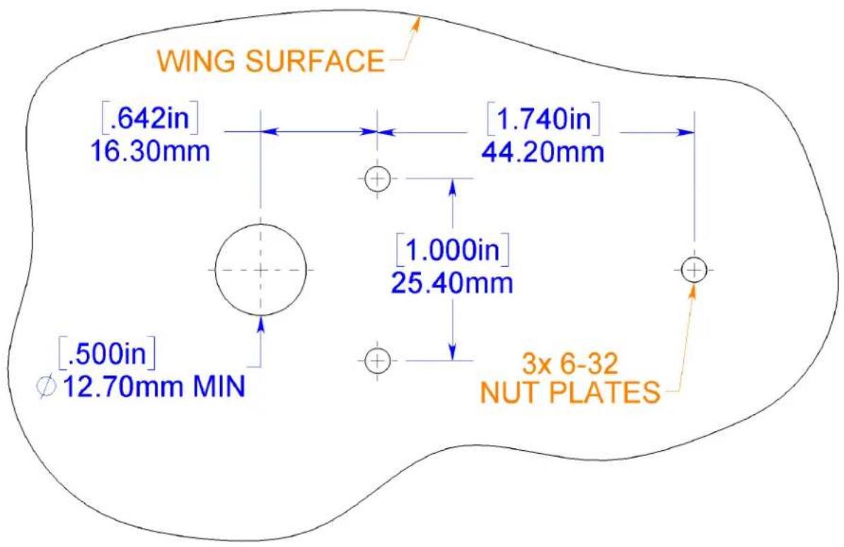 WING SURFACE [ .642in ] 16.30mm [ 1.740in ] 44.20mm [ .500in ] 12.70mm MIN [ 1.000in ] 25.40mm 3x 6-32 NUT PLATES