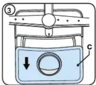 Diagram of a device with labeled parts and directional arrow, showing a container with a circular component and a valve-like structure.
