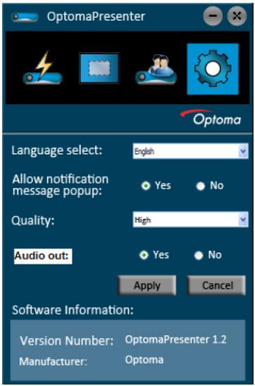 OPTOMA EH501 - La page Setting (Paramètres) vous permet de configurer Optoma Presenter. - 1