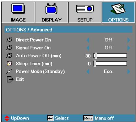 OPTOMA EH505e - Options | Avancé - 1