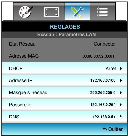 OPTOMA EH615 - Menu Configuration - Réseau - LAN Settings - 1
