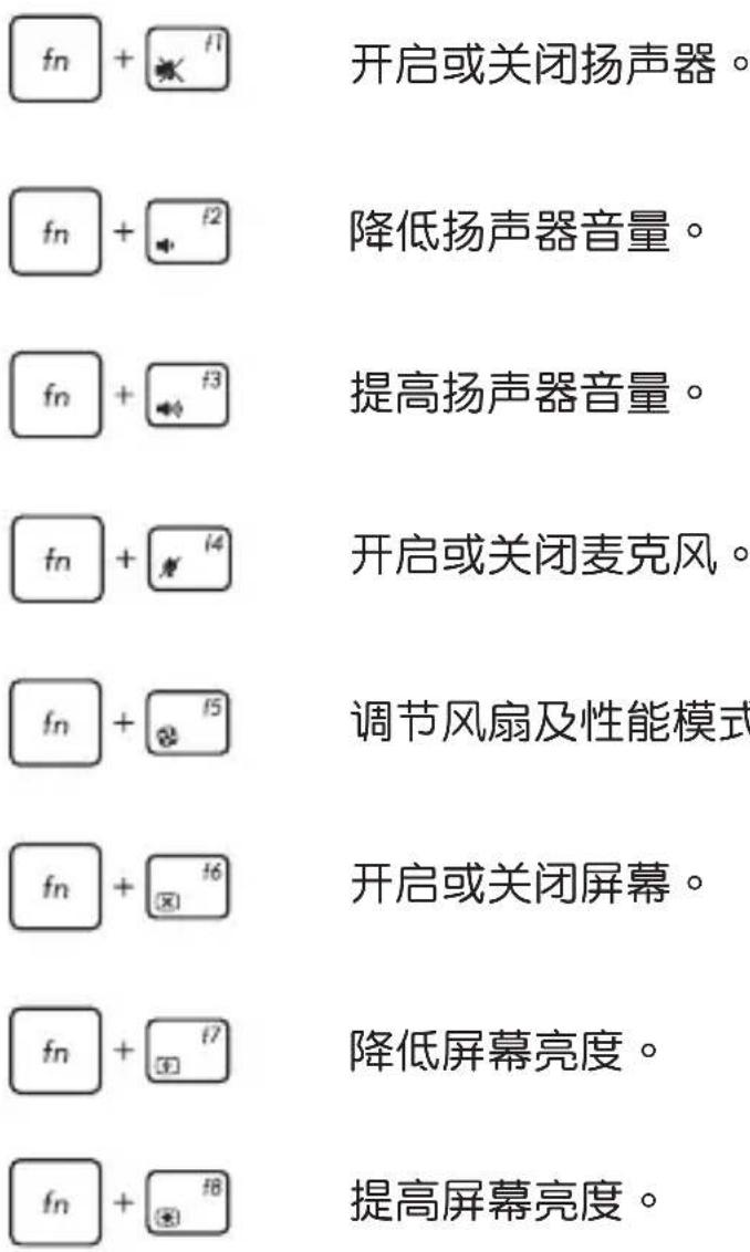 f_n + f1 开启或关闭扬声器。 f_n + f2 降低扬声器音量。 f_n + f3 提高扬声器音量。 f_n + f4 开启或关闭麦克风。 f_n + f5 调节风扇及性能模式 f_n + f6 开启或关闭屏幕。 f_n + f7 降低屏幕亮度。 f_n + f8 提高屏幕亮度。