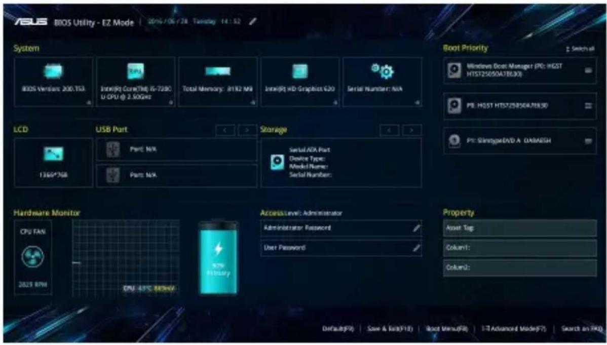 BIOS Utility - EZ Mode 2016/06/28 Tuesday 14:52 System BIOS Version: 200.TSA Intel® CoreTtlg IS-72BC U CPU @ 2.50GHz Total Memory: AT82 M9 Intel® HD Graphics G3D Serial Number: N/A LCD USB Port 1360*768 Part: N/A Part: N/A Storage Serial ADA Part Device Type: Model Name: Serial Number: Hardware Monitor CPU FAN 2029 RPM CPU 43°C 843HV Access Level: Administrator Administrator Password User Password Property Asset Tag: Cokunt1: Cokunt2: Default(F0) Save & Read(F12) Boot Menu(F8) E:\Advanced Mode(F7) Search on (F0)