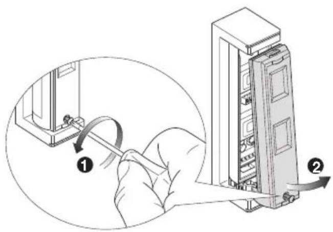 Diagram showing a hand holding a screwdriver next to an electrical cabinet, with numbered instructions for the operation.