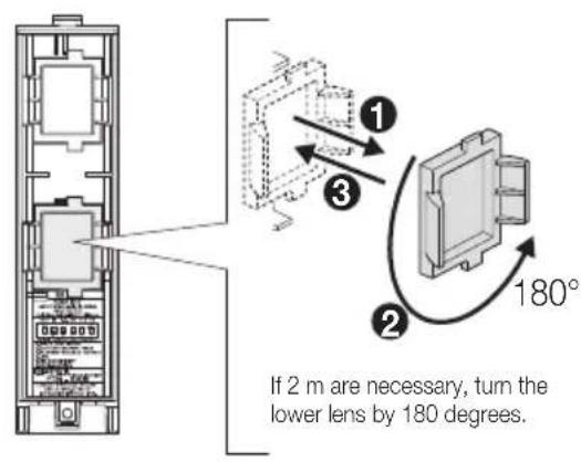 If 2 m are necessary, turn the lower lens by 180 degrees.
