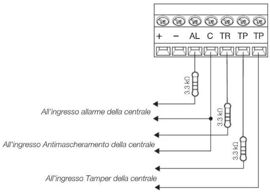 + - AL C TR TP TP 3.3 kΩ All'ingresso allarme della centrale 3.3 kΩ All'ingresso Antimascheramento della centrale 3.3 kΩ All'ingresso Tamper della centrale