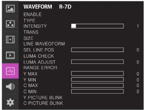 WAVEFORM R-7D ENABLE TYPE INTENSITY 1 TRANS SIZE LINE WAVEOFORM SEL LINE POS 0 LUMA CHECK LUMA ADJUST 0 RANGE ERROR Y MAX 0 Y MIN 0 C MAX 0 C MIN 0 Y PICTURE BLINK C PICTURE BLINK
