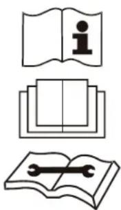 Three abstract line drawings: open book with 'i' icon, blank grid, and open book with wrench (no text or symbols)