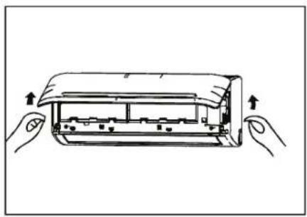 Diagram of hands holding a partially open air conditioner unit with internal components (no text or symbols)