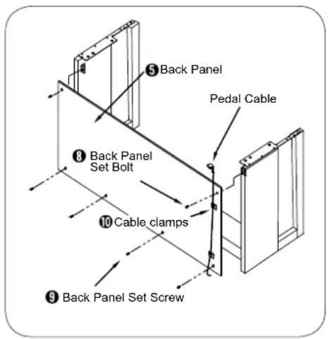 ⑤ Back Panel Pedal Cable ⑧ Back Panel Set Bolt ⑩ Cable clamps ⑨ Back Panel Set Screw