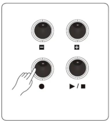 Diagram showing four labeled buttons (minus, plus, circle, and play triangle) with a hand pointing to the center of each button.