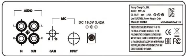 AUDIO L R IN OUT GAIN MIC DC 19.0V 3.42A INPUT Young Chang Co., Ltd. Model: MP120 DC 19.0V 3.42A Use KONZWEI Power Adapter Only Model in KONBA MSN-NEA-HOL-MP120 THIS DEVICE COMPLEX WITH PART IS OF THE FCS MODELS OPERATION IS SUBJECT TO THE FOLLOWING THIS CONDITION (THIS DEVICE MY NOT CAUSE HANDFUL INTERFERENCE, AND THIS DEVICE MUST ACCEPT ANY INTERFERENCE RECEIVED, INCLUDING INTERFERENCE THAT MAY CAUSE UNDEFINED OPERATION.