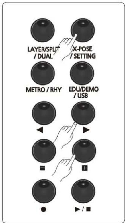 LAYER/SPLIT /DUAL X-POSE /SETTING METRO / RHY EDU/DEMO /USB = + ● ► / ■