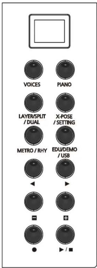 VOICES PIANO LAYER/SPLIT /DUAL X-POSE / SETTING METRO / RHY EDU/DEMO / USB ▲ ► ■ + ● ► / ■