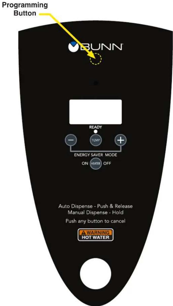 Programming Button BUNN READY TEMP ENERGY SAVER MODE ON HEATER OFF Auto Dispense - Push & Release Manual Dispense - Hold Push any button to cancel WARNING HOT WATER