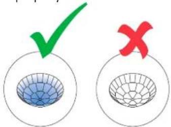 Diagram showing two circular objects with a checkmark and a red X symbol, one filled with blue mesh and the other outlined with grid pattern.