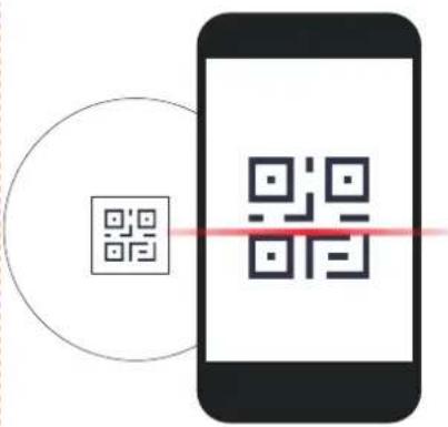 Diagram showing a smartphone scanning a QR code with a red line indicating the link between it and a circular icon containing a QR code.