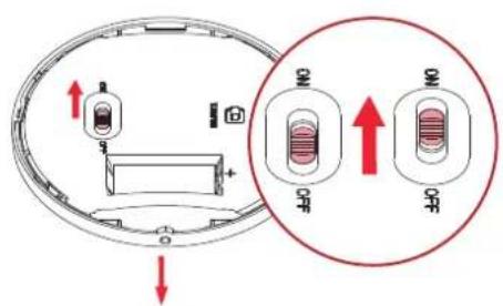 Diagram showing battery placement and OFF button states in a circular device, with red arrows indicating direction of movement.
