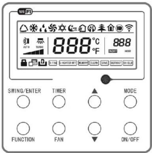 Wi-Fi 888°C 888 AUTO TURBO INOFF HOUR C-TAN E-HEATER OFF MEMORY CLEAN SAVE DEFAULT SHIELD SWING/ENTER TIMER MODE FUNCTION FAN ON/OFF