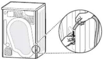 Diagram showing a washing machine with a foot and a magnified view of its interior detail, including a hand holding a tool.
