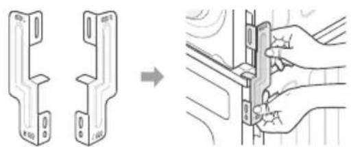Technical diagram showing two mechanical bracket assemblies before and after assembly, with a hand holding a clip.