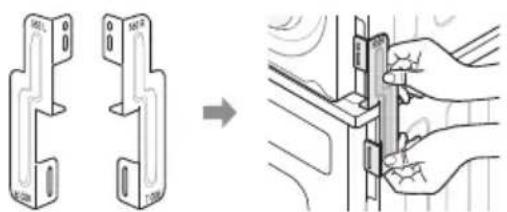 Technical diagram showing two mechanical component assemblies before and after assembly, with a hand holding a clip.